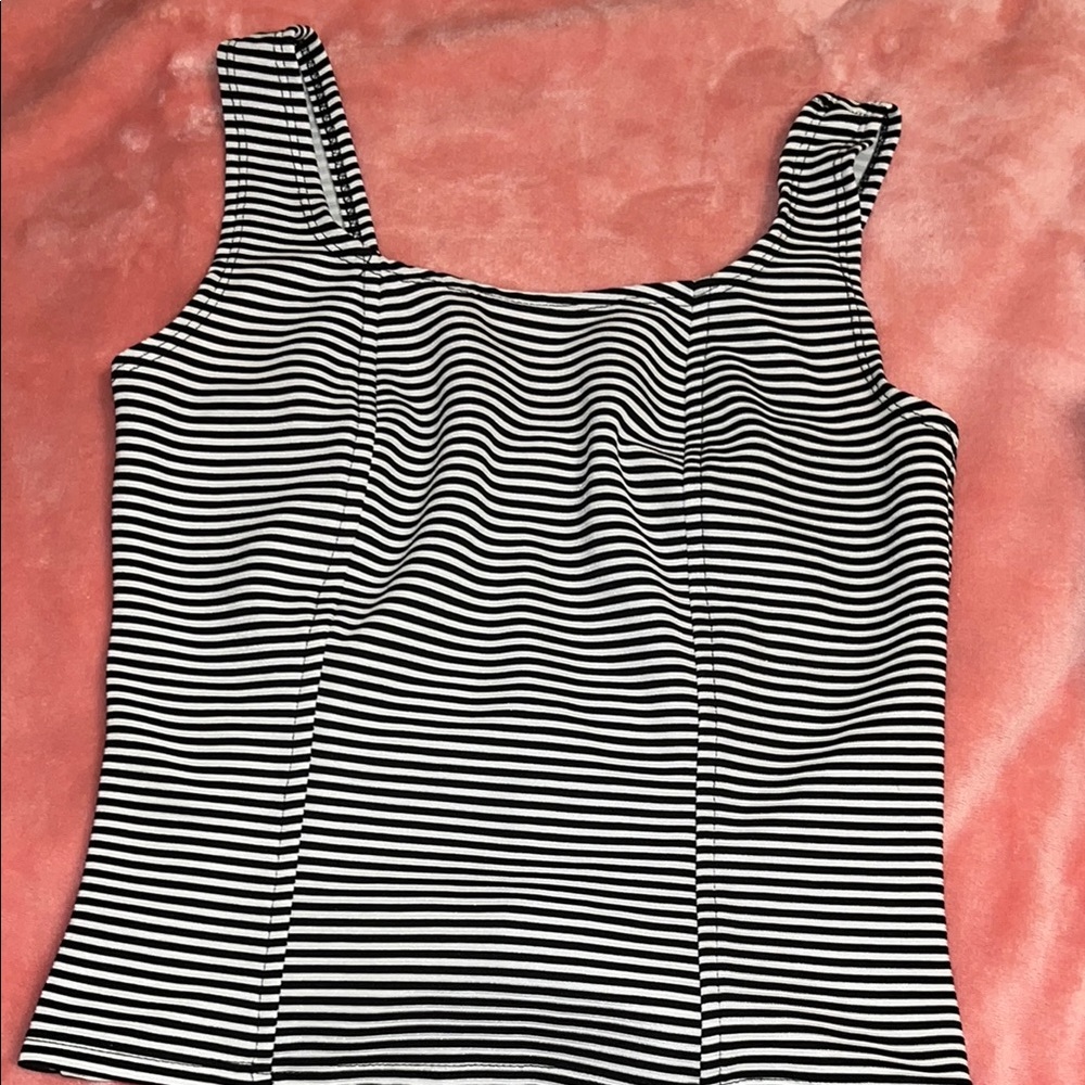 Black and White Fitted Ribbed Tank Top with Scoop Neck